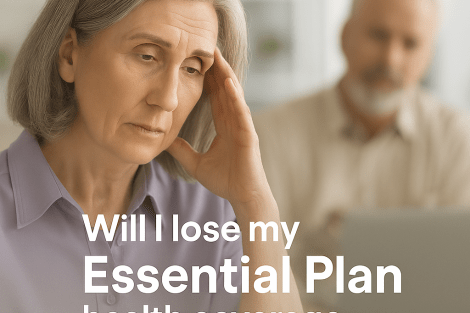 Thoughtful senior woman with gray hair in a lavender shirt looking concerned, with the text: "Will I lose my Essential Plan health coverage when turning 65?"