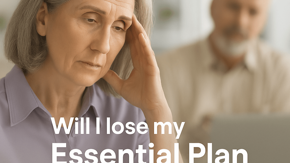 Thoughtful senior woman with gray hair in a lavender shirt looking concerned, with the text: "Will I lose my Essential Plan health coverage when turning 65?"