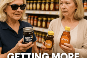 “Two senior women shopping for honey: one confidently selecting high-quality Manuka honey, the other picking a cheaper sugar-filled option—symbolizing the difference between MAP and MLTC benefits.”