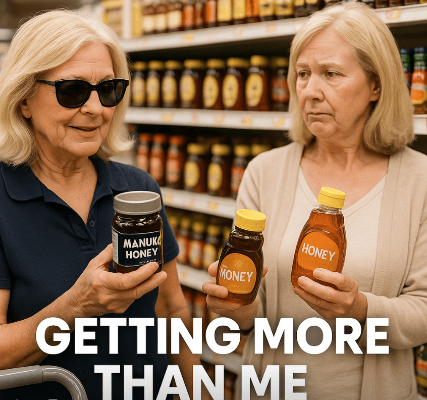 “Two senior women shopping for honey: one confidently selecting high-quality Manuka honey, the other picking a cheaper sugar-filled option—symbolizing the difference between MAP and MLTC benefits.”