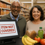 "African American man and Hispanic woman standing at a grocery store checkout with OTC card declined — register shows 'Item Not Covered' as they attempt to purchase healthy food."