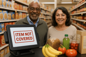"African American man and Hispanic woman standing at a grocery store checkout with OTC card declined — register shows 'Item Not Covered' as they attempt to purchase healthy food."