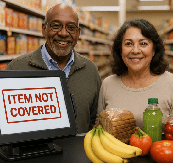 "African American man and Hispanic woman standing at a grocery store checkout with OTC card declined — register shows 'Item Not Covered' as they attempt to purchase healthy food."