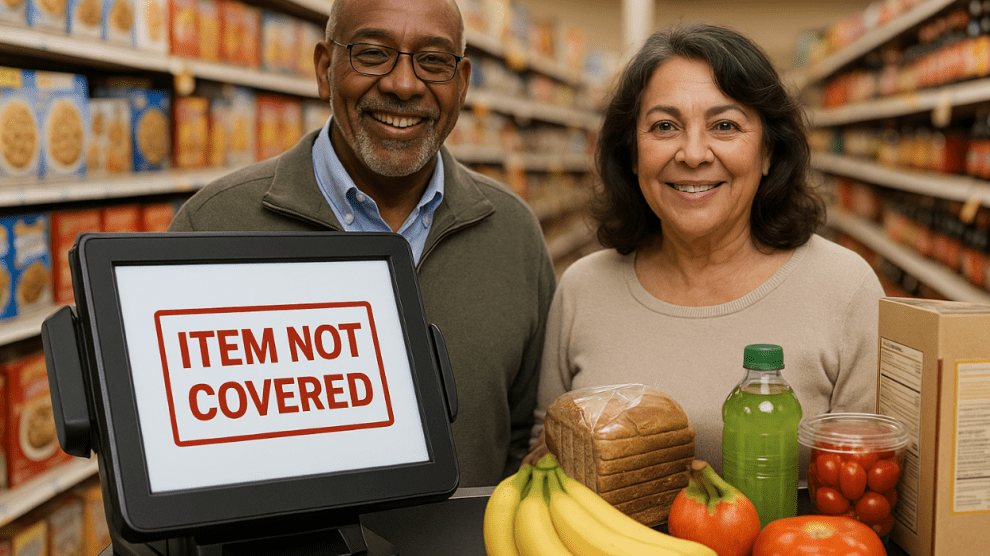 "African American man and Hispanic woman standing at a grocery store checkout with OTC card declined — register shows 'Item Not Covered' as they attempt to purchase healthy food."
