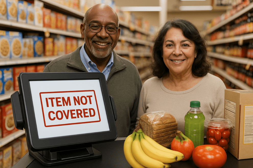 "African American man and Hispanic woman standing at a grocery store checkout with OTC card declined — register shows 'Item Not Covered' as they attempt to purchase healthy food."