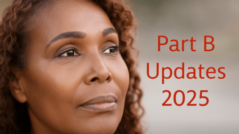 Portrait of a senior woman with red text that reads Part B Updates 2025, symbolizing Medicare coverage updates and healthcare planning.